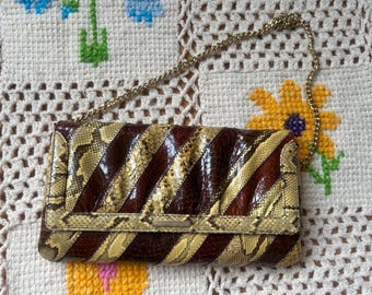 Vintage 1960s Susan Gail Snakeskin Genuine Snake Striped Leather Shoulder Chain Bag Purse Made in Spain