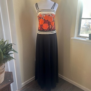 Vintage 1970s Alfred Shaheen Monarch Butterfly Sundress Black and Orange Floral Maxi Dress Size Small