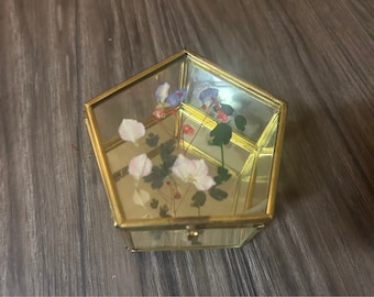 Vintage Brass and Glass Pentagon Pressed Flower Display Case Miniature Curio Box