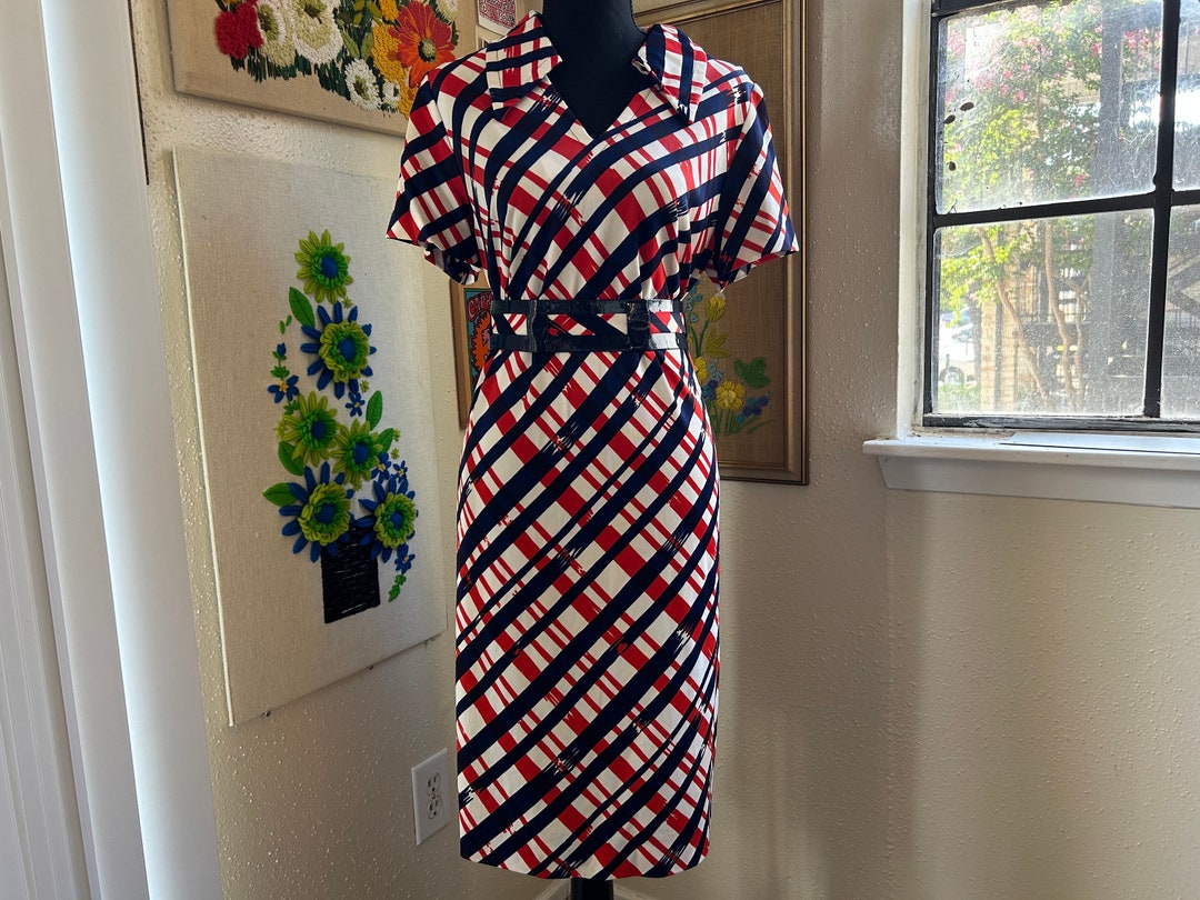 60's Striped Midi Dress with Shoulder Pads