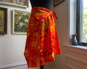 Vintage 1960s Orange Dayglo Floral Hibiscus Print Barkcloth Mini Wrap Skirt Sarong Beach Coverup Size XS/Small/Medium/Large by Ti’a