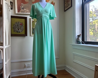 vintage 1970s maxi teal blue disco dress flutter sleeve ribbon belt dress size small/medium