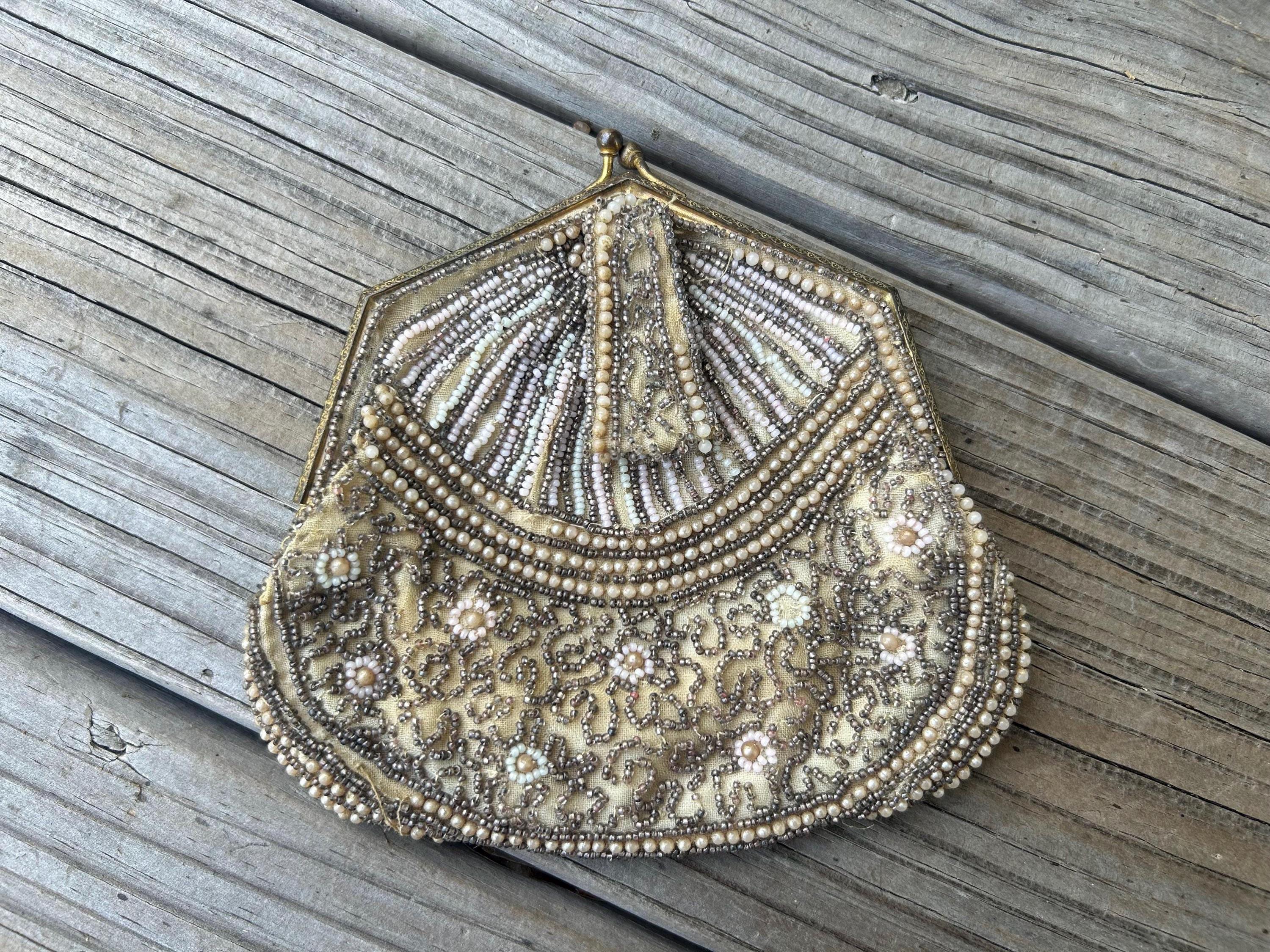 vintage 1920s art deco microbead white gold and silver frame clutch evening purse