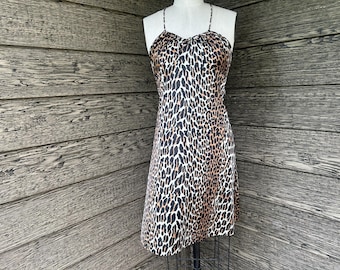 Vintage 1970s Vanity Fair Leopard Print Nightgown Nylon Slip Dress with Ribbon Tie Size Small/Medium