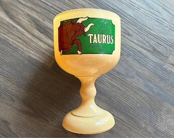 Vintage 1970&#39;s Taurus Zodiac Sign Beige Chalice Tiara Indiana Glass Goblet