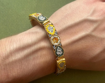 Vintage Micromosaic Millefiori Gold-tone Floral Link Panel Bracelet