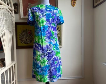 Vintage 1960s Mod Hawaiian Floral Flower Power Fluorescent Highlighter Green Blue and Purple Barkcloth Mini Dress Size Medium