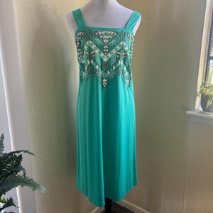 Vintage 1970s Alfred Shaheen Set Teal Floral and Chevron Print Neckline Dress and Jacket Set