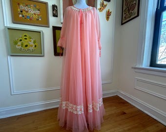Vintage 1960s Chiffon Pink Ribbon and Lace Peignoir Set Nylon Princess Peignoir Robe and Nightgown by Intime Size Medium