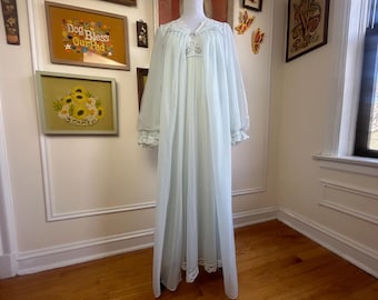 Vintage 1960s Pastel Blue Rosette Nylon and Lace Peignoir Set Shadowline Nightgown and Robe Size Small