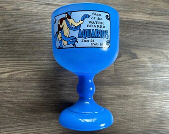 Vintage 1970&#39;s Aquarius Zodiac Sign Blue Chalice Tiara Indiana Glass Goblet