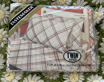 Vintage 1970s Vibrant Orange Blue and White Plaid Striped Pattern Mod Cotton and Polyester Twin Fitted Sheet by Tastemaker