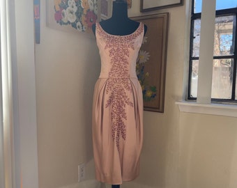 Vintage 1960s Emma Domb California Pink Satin Beaded Party Dress Size Small