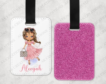 Personalised luggage tag,  PU leather glitter luggage tag, Custom luggage tag, fashion girls suitcase tag, Holiday accessories, suitcase tag
