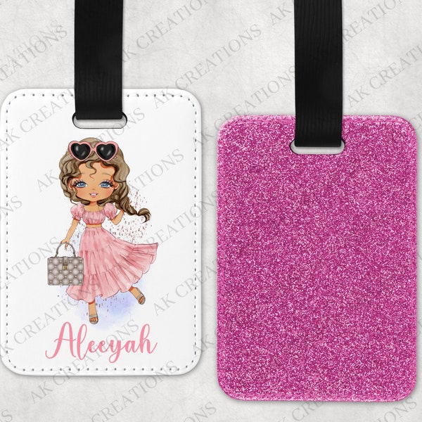 Personalised luggage tag,  PU leather glitter luggage tag, Custom luggage tag, fashion girls suitcase tag, Holiday accessories, suitcase tag