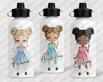 May include: White water bottles with black lids, featuring cartoon girls in dresses. Each bottle has a different girl's name: Arianna, Aleeyah Mae, and Destiny. The bottles are decorated with colorful accents.