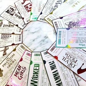 May include: A circular arrangement of theatre tickets, including "The Lion King," "Wicked," and "Mamma Mia!" Each ticket displays show titles, dates, and venue details. The tickets have diverse fonts and designs, creating a vibrant display.