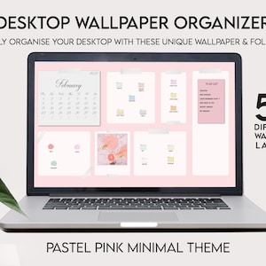 Könnte beinhalten: Ein Laptop, der einen pastellrosa Desktop-Wallpaper-Organizer mit Kalender, To-Do-Liste und Ordnersymbolen anzeigt. Der Bildschirm zeigt "Desktop Wallpaper Organizers" und "Pastellrosa Minimal Theme". Das Bild zeigt auch "50 verschiedene Wallpaper-Layouts".