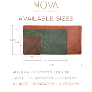 May include: Three leather desk mats in different sizes: 10 inches by 10 inches, 13 3/4 inches by 23 1/2 inches, and 15 3/4 inches by 31 1/2 inches. The mats are brown, green, and orange.