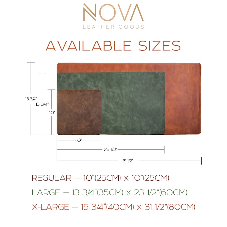 May include: Three leather desk mats in different sizes: 10 inches by 10 inches, 13 3/4 inches by 23 1/2 inches, and 15 3/4 inches by 31 1/2 inches. The mats are brown, green, and orange.