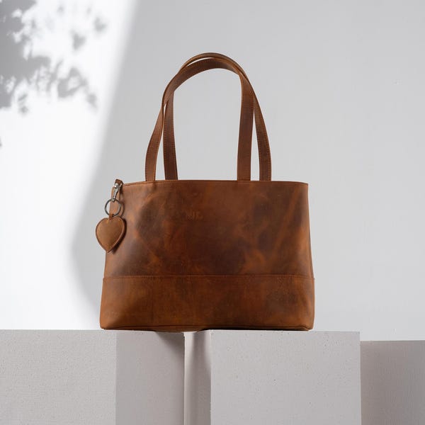 Custom Leather Tote Bag, Handmade Leather Tote, Bridesmaid Leather Bag, Anniversary Gift for Wife, Personalized Initials Bag