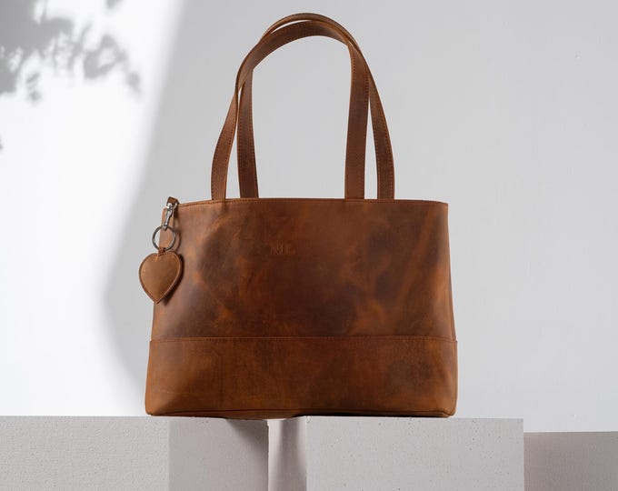 Custom Leather Tote Bag, Handmade Leather Tote, Bridesmaid Leather Bag, Anniversary Gift for Wife, Personalized Initials Bag