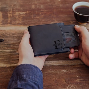 Cartera de cuero negra personalizada, cartera personalizada con tarjetero, regalo personalizado, regalo para novio, regalo de aniversario, regalo de San Valentín