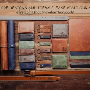 May include: Assortment of personalized leather goods, including wallets, keychains, belts, and desk mats. The items feature various initials, names, and designs. The text "FOR MORE DESIGNS AND ITEMS PLEASE VISIT OUR STORE etsy.com/shop/novaleathergoods" is displayed at the top of the image.