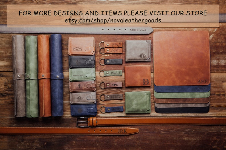 May include: Assortment of personalized leather goods, including wallets, keychains, belts, and desk mats. The items feature various initials, names, and designs. The text "FOR MORE DESIGNS AND ITEMS PLEASE VISIT OUR STORE etsy.com/shop/novaleathergoods" is displayed at the top of the image.