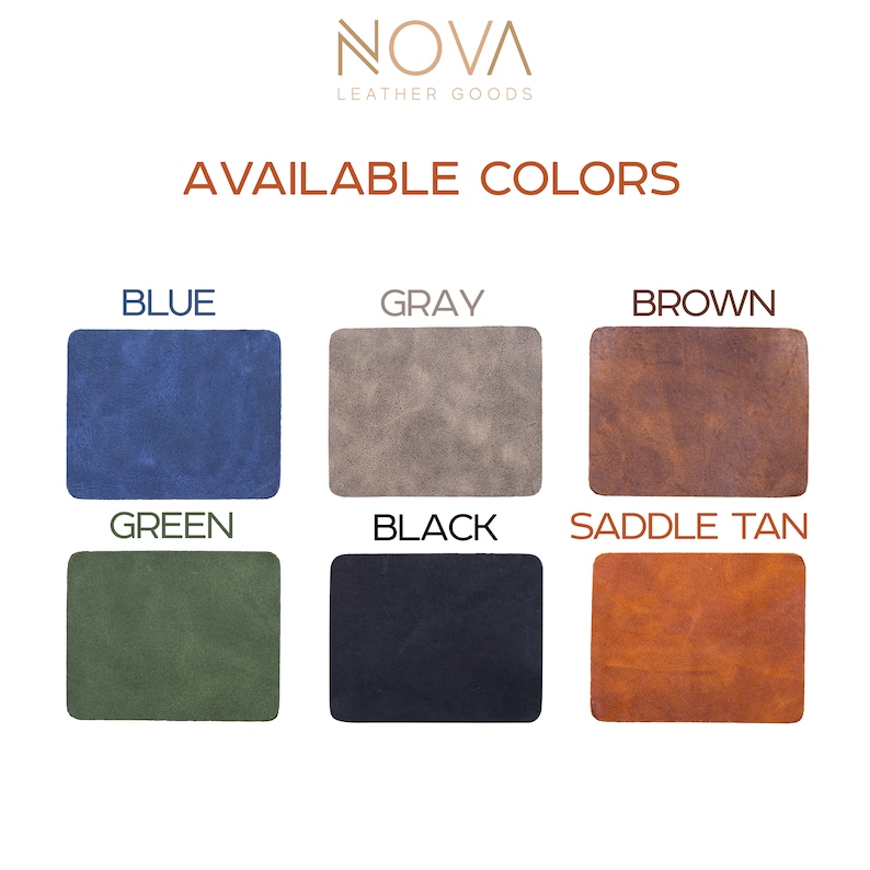 May include: Leather samples in blue, gray, brown, green, black, and saddle tan colors.  Available colors for leather goods.