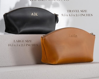 Personalized Leather Makeup Bag with Initials, Custom Name Makeup Bag, Monogram Makeup Bag, Toiletry Bag, Bridesmaid Cosmetic Pouch