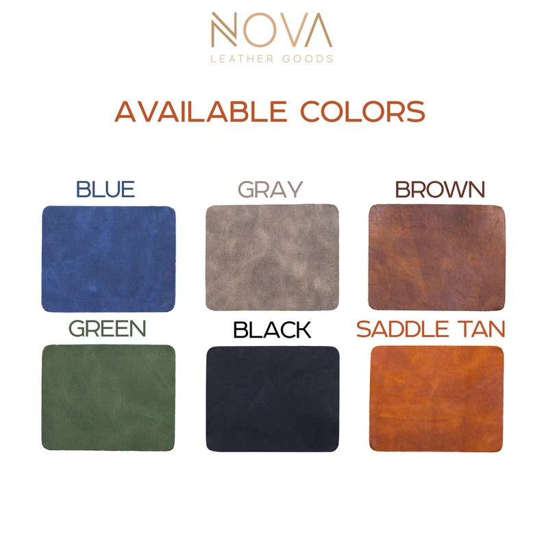 May include: Leather samples in blue, gray, brown, green, black, and saddle tan colors.  Available colors for leather goods.