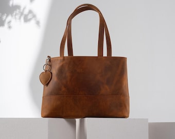 Leather Tote Bag, Laptop Tote Bag, Custom Name Tote Bag, Leather Shoulder Bag, Birthday Gift for Women, Personalized Gift for Her