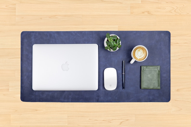 May include: A blue leather desk mat with a laptop, mouse, pen, coffee cup, and a small potted plant.