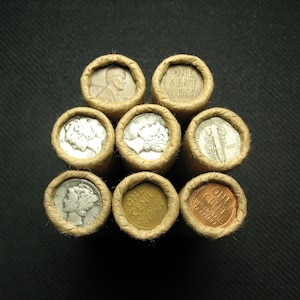 OLD Investment Collection LOT Wheat Cent Penny Rolls w/90% Silver U.S. Dime on END (1) Roll