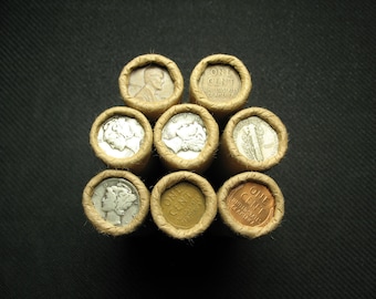 OLD Investment Collection LOT Wheat Cent Penny Rolls w/90% Silver U.S. Dime on END (1) Roll