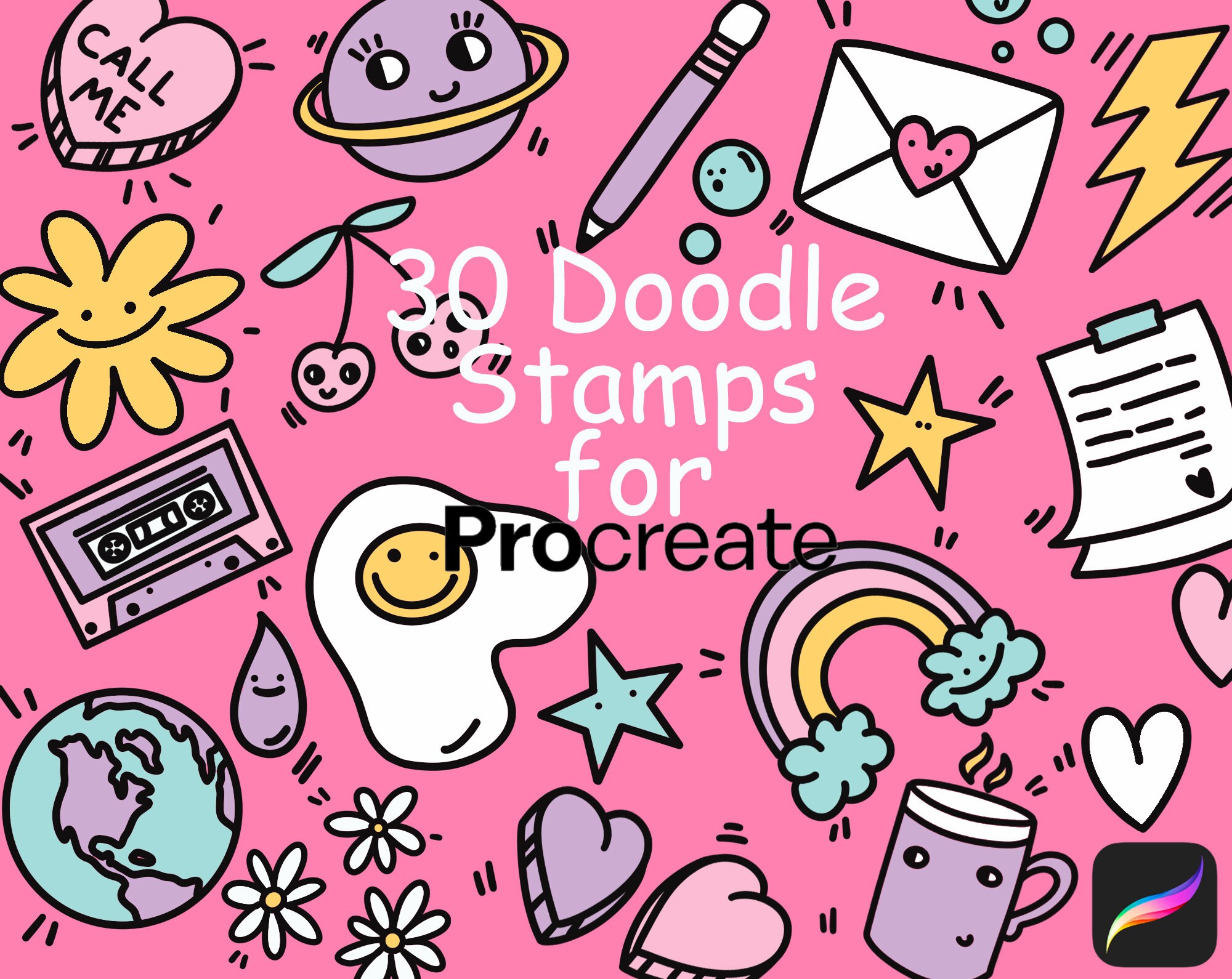 30 Doodle Procreate Brushes Stamps Procreate Brushset 30 Etsy