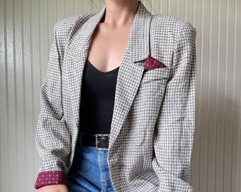 80's Leslie Fay Gingham Plaid Blazer with Patterned Accents Women's L