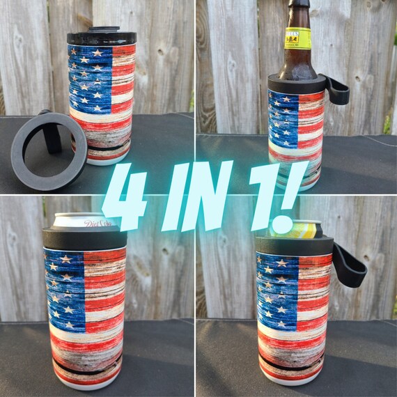 Cup and Can Cooler, 4 in 1 Can Cooler, Cup, Can Cooler Standard Cans,  Skinny Can Cooler, Bottle Cooler, Tailgating, Gift Idea, American Flag 