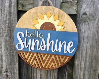 Hello Sunshine Door Sign, Sunflower Door Hanger, Front Porch Welcome Sign, Wood Door Hanger, Sunflower Sign, Sunflower Decor