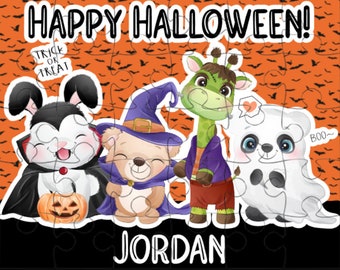 Halloween Puzzle Personalized, Personalized Halloween Gift for Kids, Animals in Costume Halloween Puzzle, Name Puzzle, Halloween Party Favor