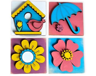 Spring Mini Tile Set, Interchangeable Seasonal Decor, Wood Tile Decoration, Tiered Tray Sign