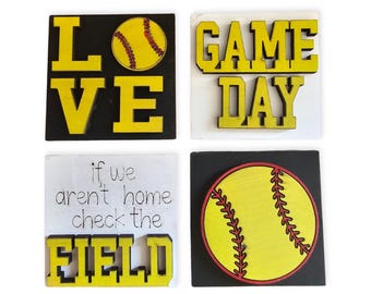Softball Mini Tile Set, Interchangeable Holiday Decor, Wood Tile Decoration, Tiered Tray Sign