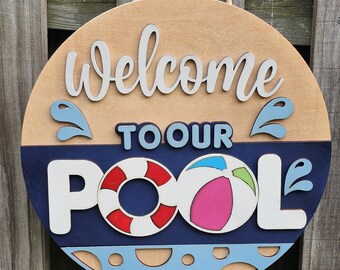 Welcome to Our Pool Door Sign, Pool Door Hanger, Summer Outdoor Decor, Pool Deck Sign, Round Wood Sign for Summer