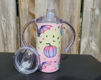 Halloween Sippy Cup with Bonus Lid - Pastel Pumpkins and Bats Sippy Cup - Pumpkin Cup - Toddler Cup Pumpkins - Halloween Child Tumbler