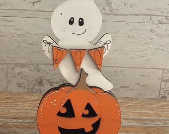Ghost with “BOO” Banner and Pumpkin Wooden Halloween Shelf Sitter