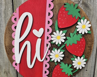 Strawberry Door Sign, Wood Welcome Sign for Home, Strawberry Summer Decor, Round Door Hanger