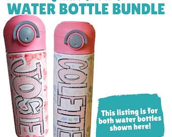 Pink Bows Water Bottle Bundle, Pink Tumbler for Girls, Personalized Water Bottle, Bows and Flowers Cup for Kids, Back to School Water Bottle