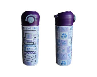 Purple Flower Patchwork Water Bottle, Water Bottle for Kids, Water Bottle with Straw, Water Bottle for School, Back to School Water Bottle