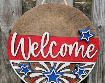 Fireworks Door Sign, Patriotic Door Sign, Wood Door Sign, Front Door Decor, Curb Appeal Sign, Porch Decor, Red White and Blue Welcome Sign